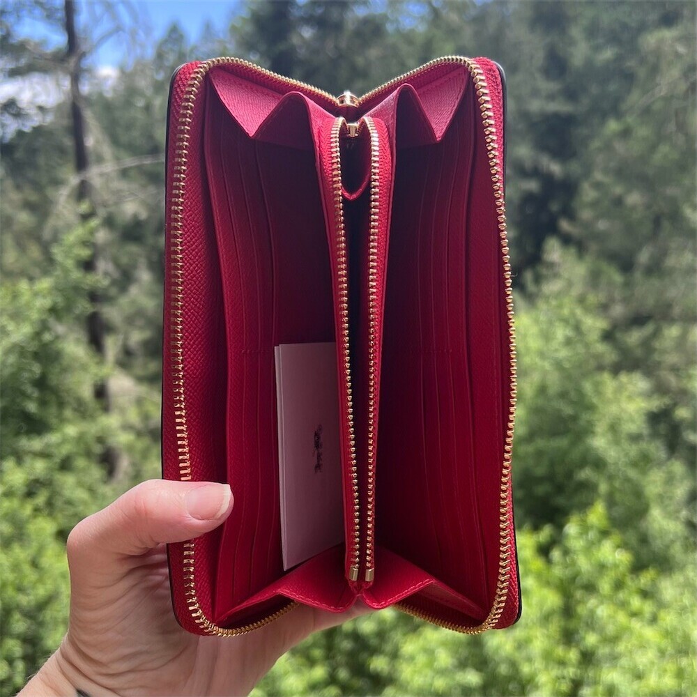 COACH Long Zip-Around RED Pebble Leather Wallet Gold Hardware with Wrist-Strap - Picture 3 of 16